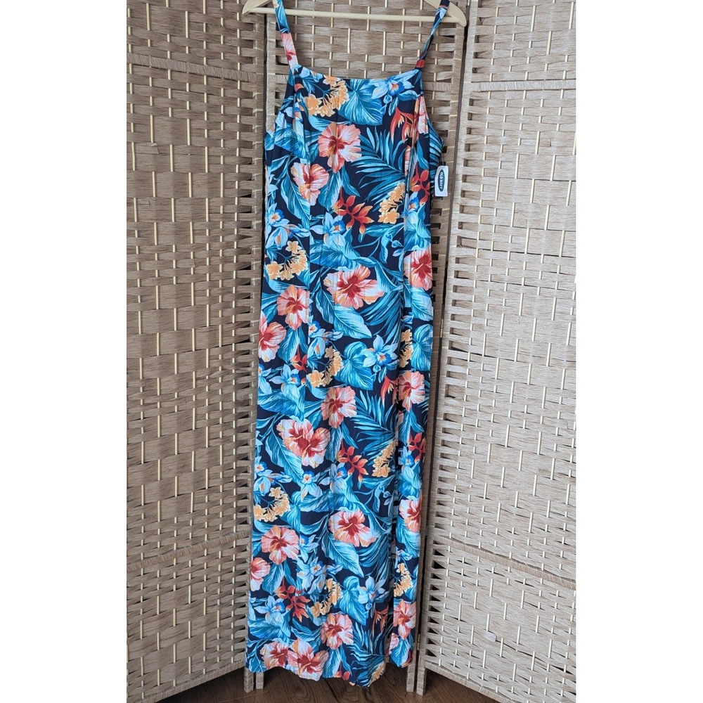 Old Navy Floral Maxi Dress Sz L Tall‎ Tropical Hibiscus Smocked Side Slit Resort